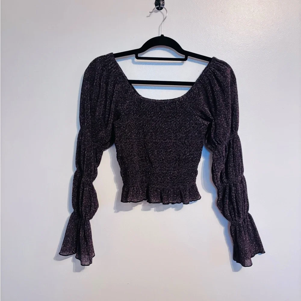 Anthropologie Bishop Shimmer Smocked Top with puff and bell long sleeve size s